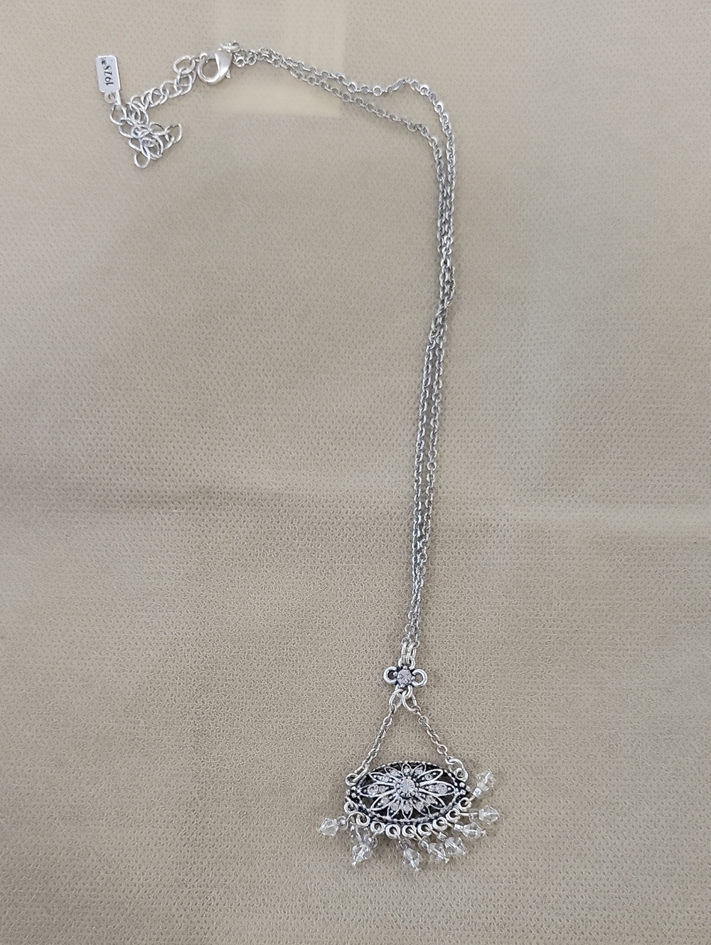 1928 Silver Floral Filigree Necklace with Clear Crystal Fringe